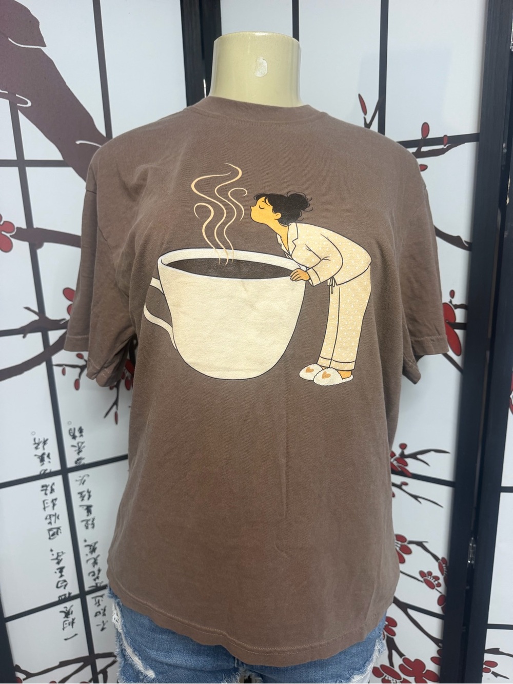 Brown Graphic Coffee Cup Tee with Illustrated Figure